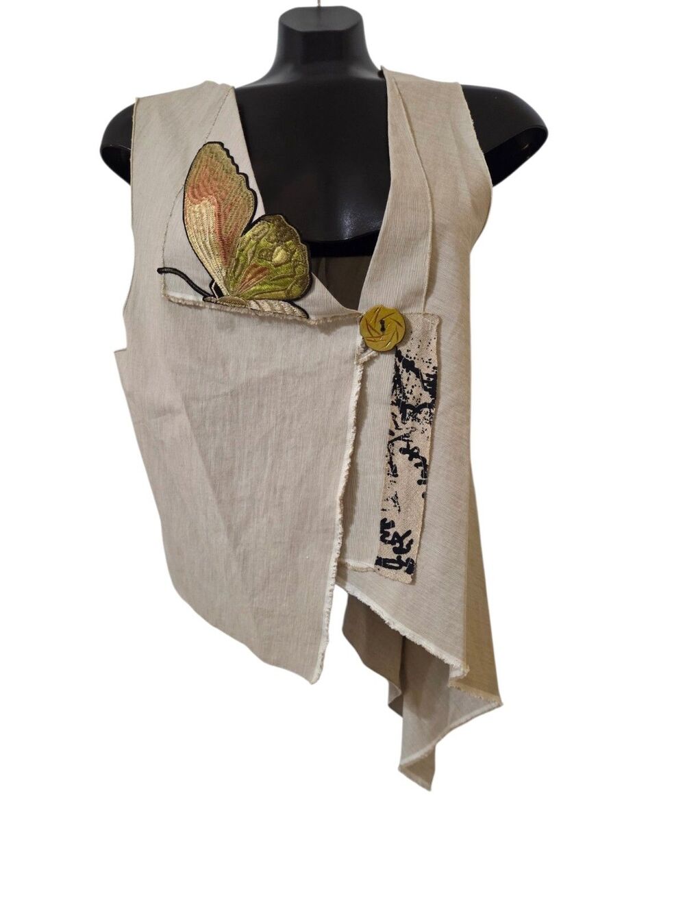 Vtg Lee Andersen Beige Embroidered Linen Butterfly Vest One Button Women's S D71
